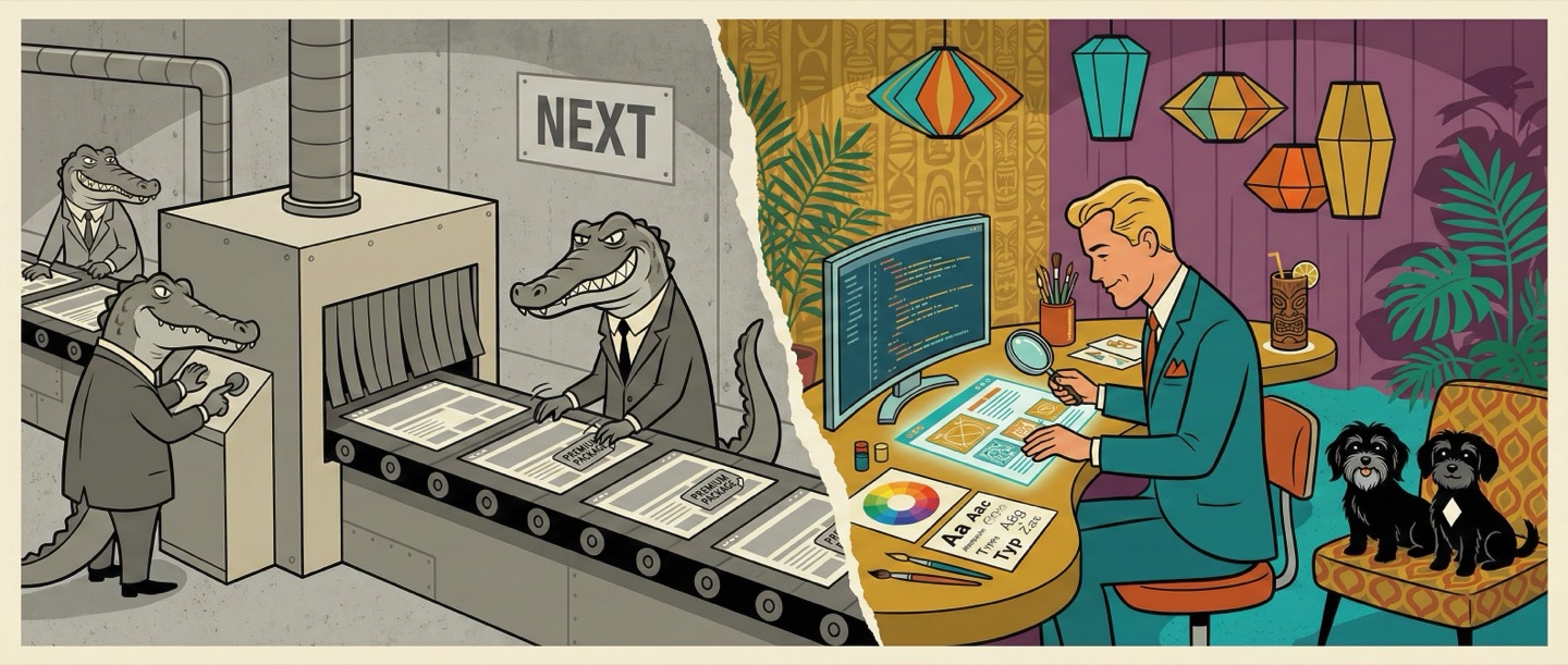 The cookie-cutter agency conveyor belt vs. James working hands-on at his desk — the Firebrand difference