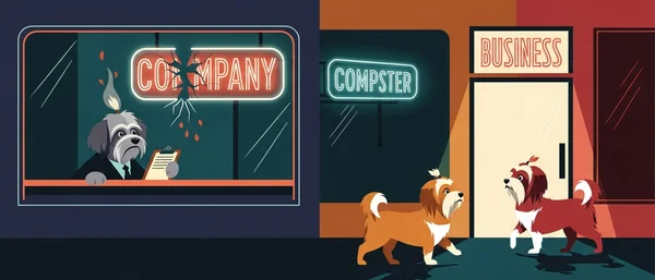 Retro-futuristic street at night. Two black Havanese dogs: one working at a desk in "HAVMETAL," another walking with a briefcase. Blue, purple, teal neon glow.