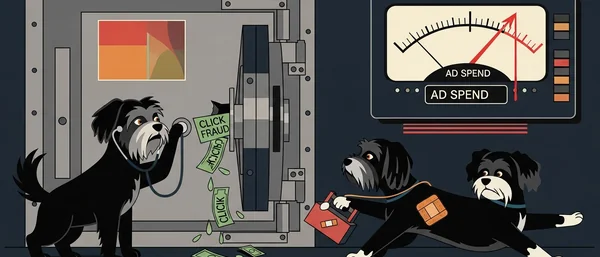 Two Havanese dogs. One with glasses and stethoscope examines money; an "AD SPEND" meter is nearby. The other carries a toolbox. Purple, orange, teal.