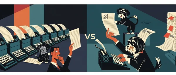 Automated typewriters, Havanese dog watching. A scruffy dog types in messy room, another Havanese puppy near paper. Orange, teal, purple.