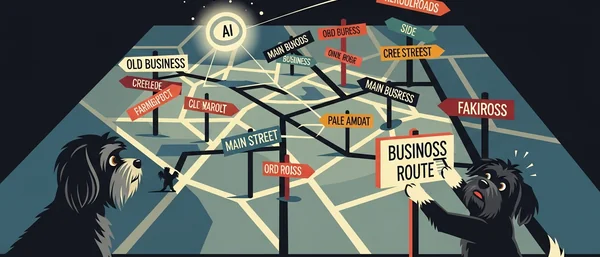 A vibrant retro-futuristic city with a glowing core, map, and circuits. Two Havanese dogs: one relaxes, one operates a control panel. Purple, neon colors.