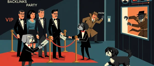 Vibrant retro party illustration. Stylish guests, a Havanese dog checking ID. Another Havanese dog barks at masked burglars escaping.