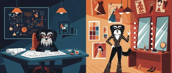 Havanese dogs. Left: gray dog works, black pup with blueprints. Right: brown dog poses, black pup plays. Teal, purple, orange.