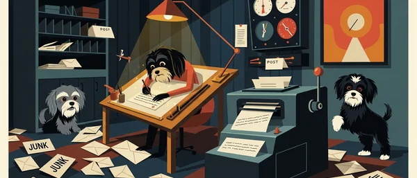 Havanese dogs in a vibrant mail factory: one signs glowing document, two sort letters. Colorful machines, envelopes. Blue, green, orange, purple.