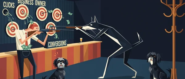 Vibrant, retro illustration. Man, money. Two Havanese dogs (fez/checklist; by cash). Dog snipes 'CONVERSION'. Purple, orange, teal.