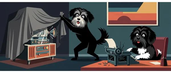 Two Havanese dogs in a colorful retro-futuristic lab. One dog reveals a machine, the other sits at a desk with a typewriter. Dominant colors are teal, purple, orange, and lime green.