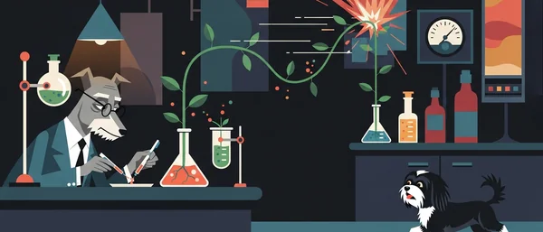 Vibrant lab: Havanese in lab coat pours solution on plant, causing it to grow huge and crack the ceiling. Scared Havanese runs. Purple, teal, orange.