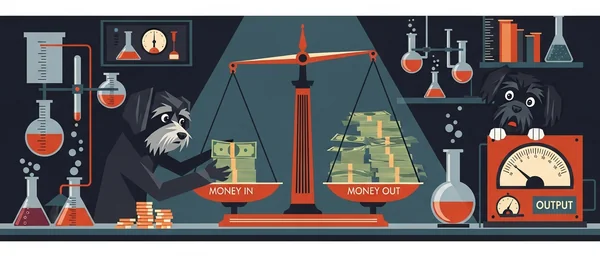 Vibrant retro lab scene with Havanese dogs. One scientist dog operates a scale overflowing with money, another shocked by an alarm gauge. Teal, orange, purple.