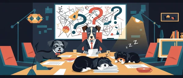 Retro office with stressed dog-execs, one sleeping. Two black Havanese dogs play. Dominant blues, teals, oranges, purples.