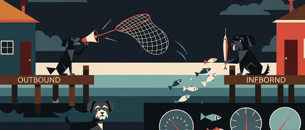 Tropical scene. Dog megaphones, nets. Two Havanese in boat with drink, binoculars. Another dog fishes. Colorful fish. Purple, blue hues.