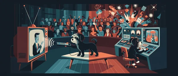 Colorful retro-futuristic scene. Two Havanese dogs operate controls. One pushes a button, one wears headphones. People watch screens.