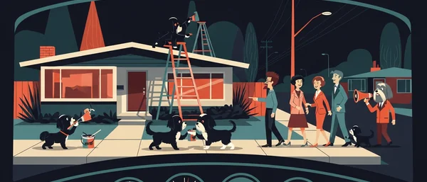 Stylized illustration: Havanese dogs in a colorful mid-century modern scene. One paints a house, another uses a megaphone. People walk nearby. Dominant purple, teal, orange, green.