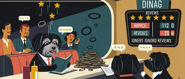 Retro-futuristic room. Two Havanese dogs work: one sends messages, the other monitors a control panel. People enter. Purple, teal, orange.