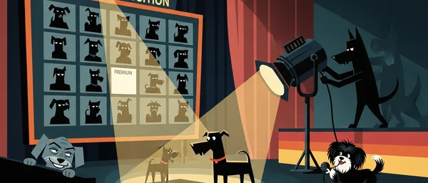 Vibrant, retro TV studio. Havanese dogs: one host, one director, one taking notes. A spotlighted dog on screen. Purple, teal, gold.