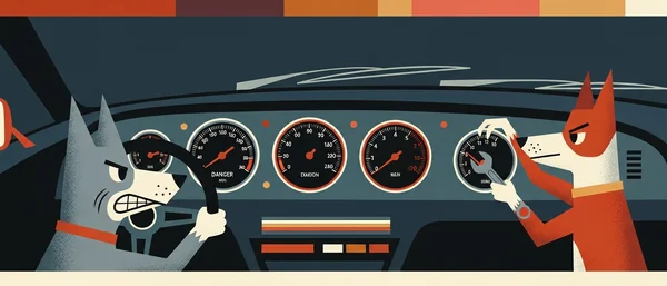 Two Havanese-like dogs in a vibrant, multi-colored cockpit. One drives intently; another hits a gauge with a wrench, creating sparks.