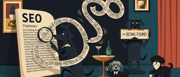 Retro-futuristic room with Havanese dogs. Glowing circuit ribbon from a book, one dog tangled, another with a monitor. Two dogs socialize, one with martini, one with books. Purple, teal, orange.