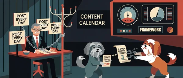 Two black Havanese dogs in a vibrant, purple-blue lab. One holds a tablet, the other breaks a chain with a tool. Red, green tones.