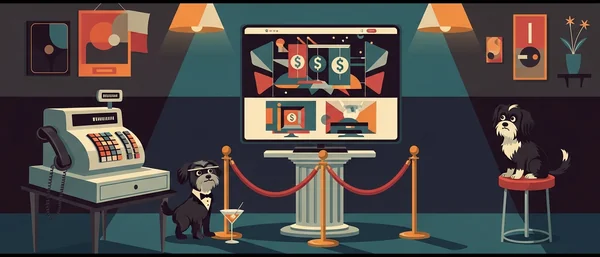 Two Havanese dogs in tuxedos in a retro, purple and orange room. One sips a martini, the other points at an empty, cobwebbed cash register.