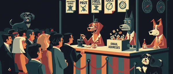 Retro-futuristic scene with people reaching a science booth. A large Havanese dog works controls; smaller Havanese play with blocks and a gear. Vibrant blue, teal, orange, purple.