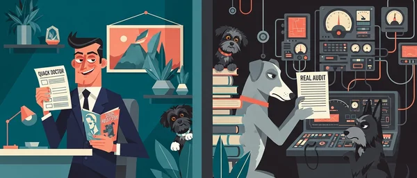 Split image: Left, happy man shows documents to grumpy Havanese in office. Right, Havanese in lab coat operates complex machinery. Teal, purple, orange dominant.