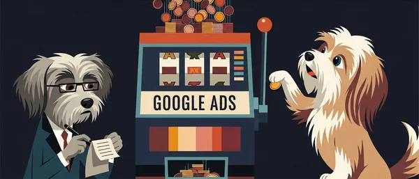 Dogs & Google Ads machine. Suit dog notes, terrier feeds coins into machine. Two black Havanese dogs play with coins. Purple, green, orange.