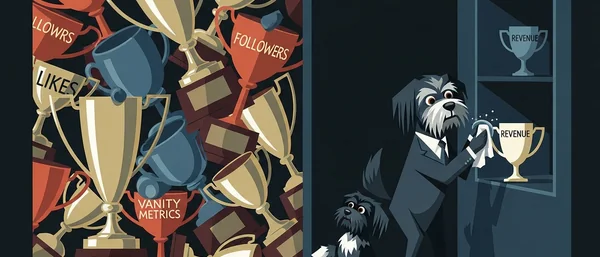 Two Havanese dogs: one holding a gold cup, the other looking up as colorful trophies fall from a teal shelf. Bright orange & blue room.