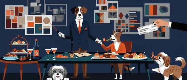 Retro office: Terrier in orange suit with laser pointer, Bulldog eating. Two Havanese dogs inspect colors/fabrics. Dominant purple, orange, teal.