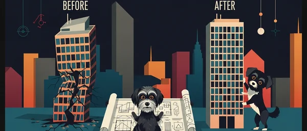 Two Havanese dogs on a construction site. One dog examines blueprints, another shows new and crumbling buildings. Colors: teal, purple, orange.