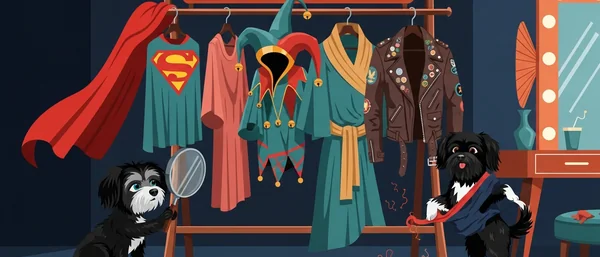 Two Havanese dogs in a colorful room. One inspects with a magnifying glass; the other wears a jester hat and cloak, peeking from a cape. Dark blue, orange, purple.