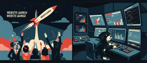 Retro illustration: Rocket launching with "WEBSITE LAUNCH" banner, cheered by people & a Havanese. Another Havanese pilots a control room with screens. Teal, orange, purple.