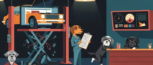 Havanese mechanics in a vibrant, retro auto shop with teal, purple, orange. One points at a car on a lift, another is tangled in wires, two others look on.