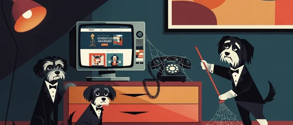 Two Havanese dogs (one with martini, one tangled in yarn) in a teal/purple mid-century room. Two larger dogs by dusty TV/phone. Vibrant colors.