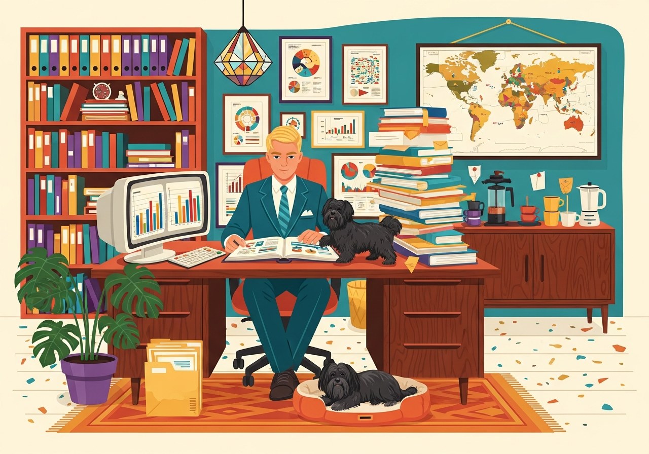 The Sophisticate reviewing a thick competitive analysis report at a mid-century desk, black Havanese dog beside him