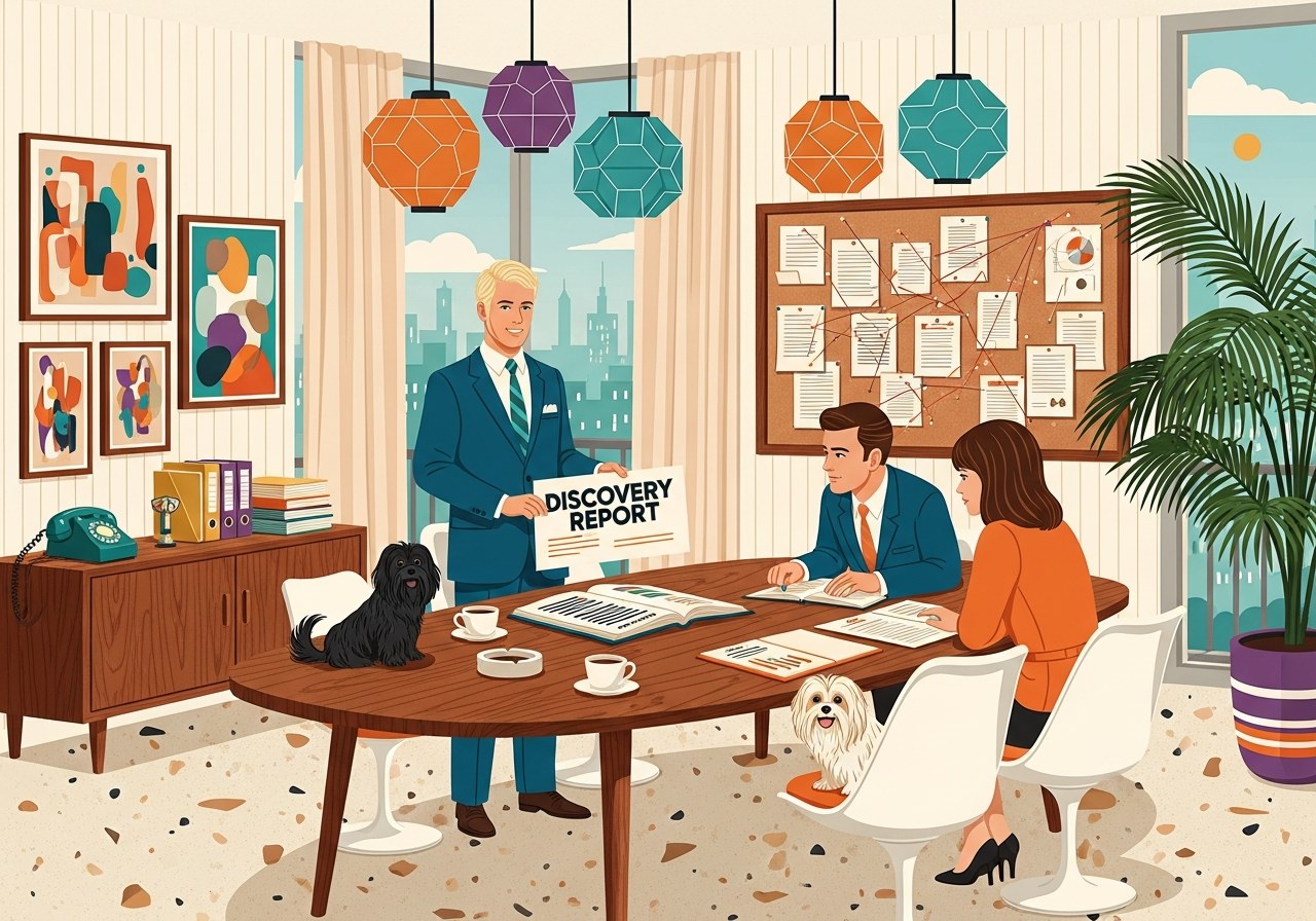 The Sophisticate presenting a bound Discovery Report document at a mid-century conference table