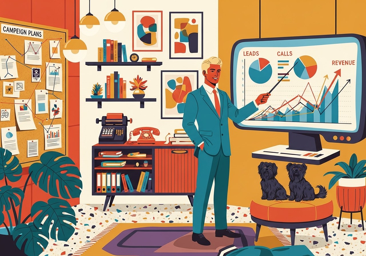 Mid-century marketing war room — confident strategist pointing at upward-trending charts for leads, calls, and revenue