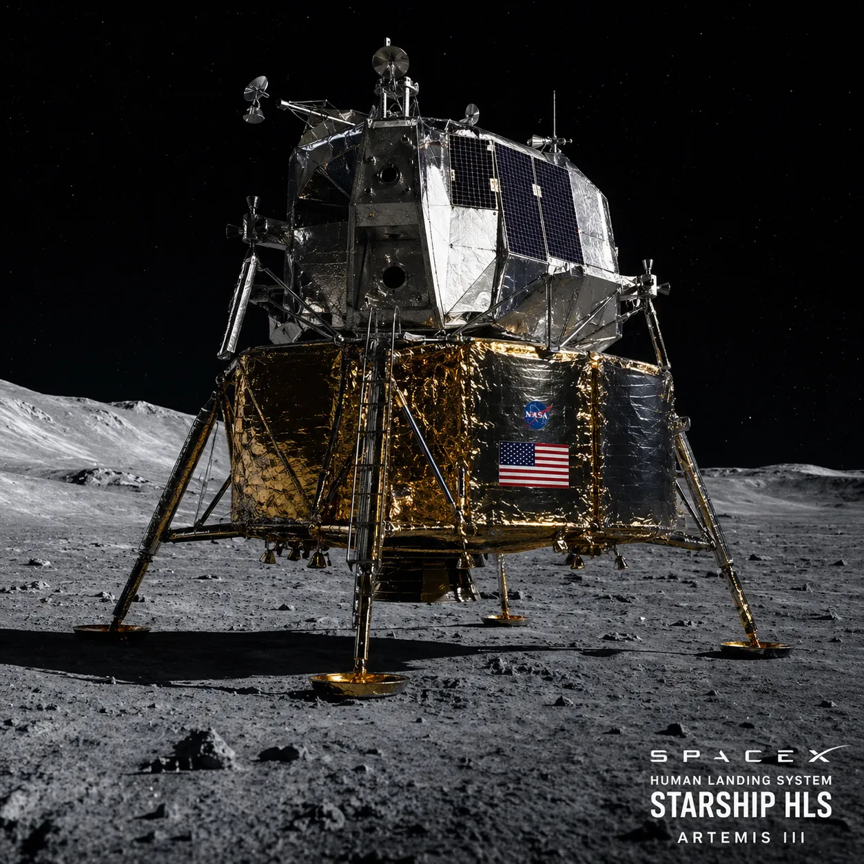 SpaceX Starship HLS lunar lander on the surface of the Moon — Artemis III mission