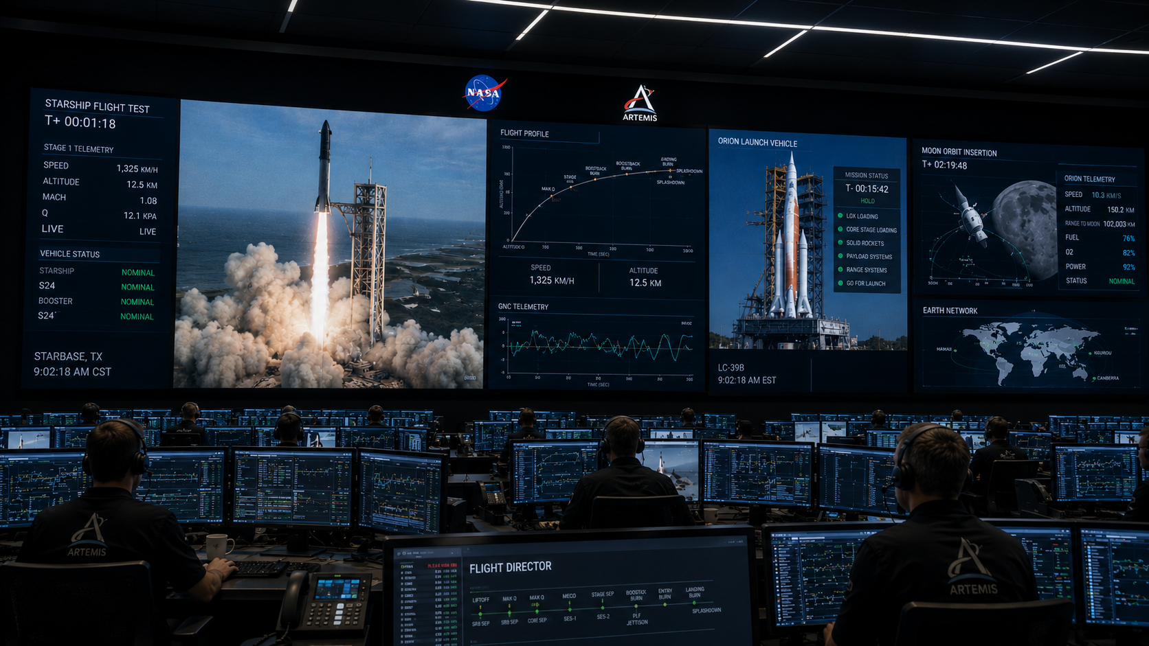 NASA mission control room with banks of console operators monitoring a live rocket launch on the main display wall