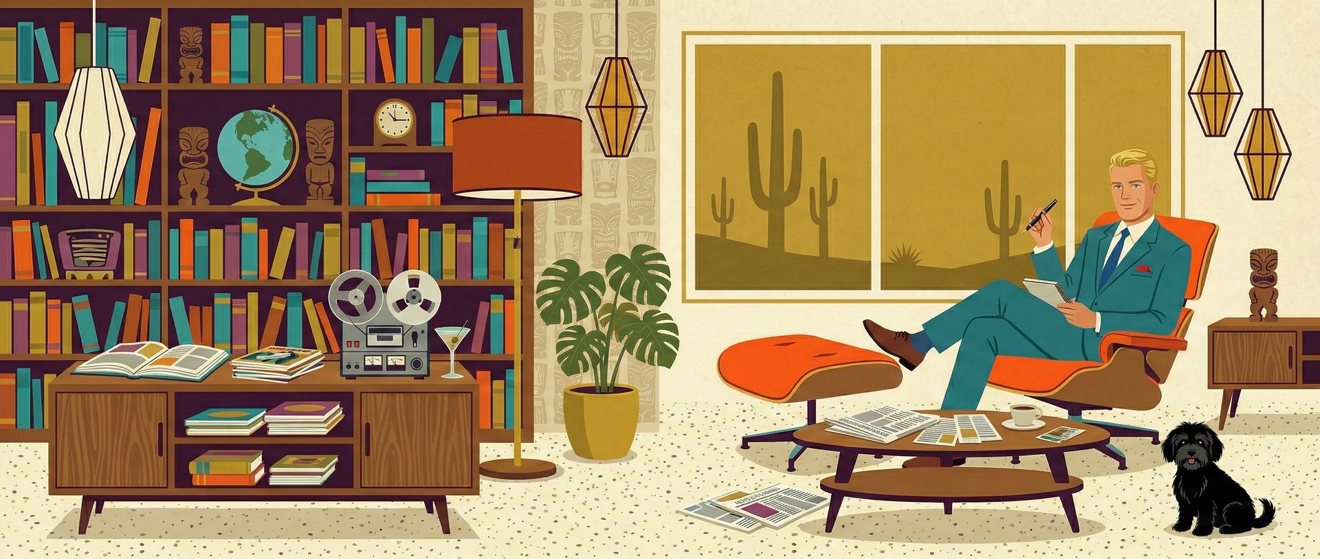 Mid-century modern study — man relaxing in Eames chair reading with two Havanese dogs nearby