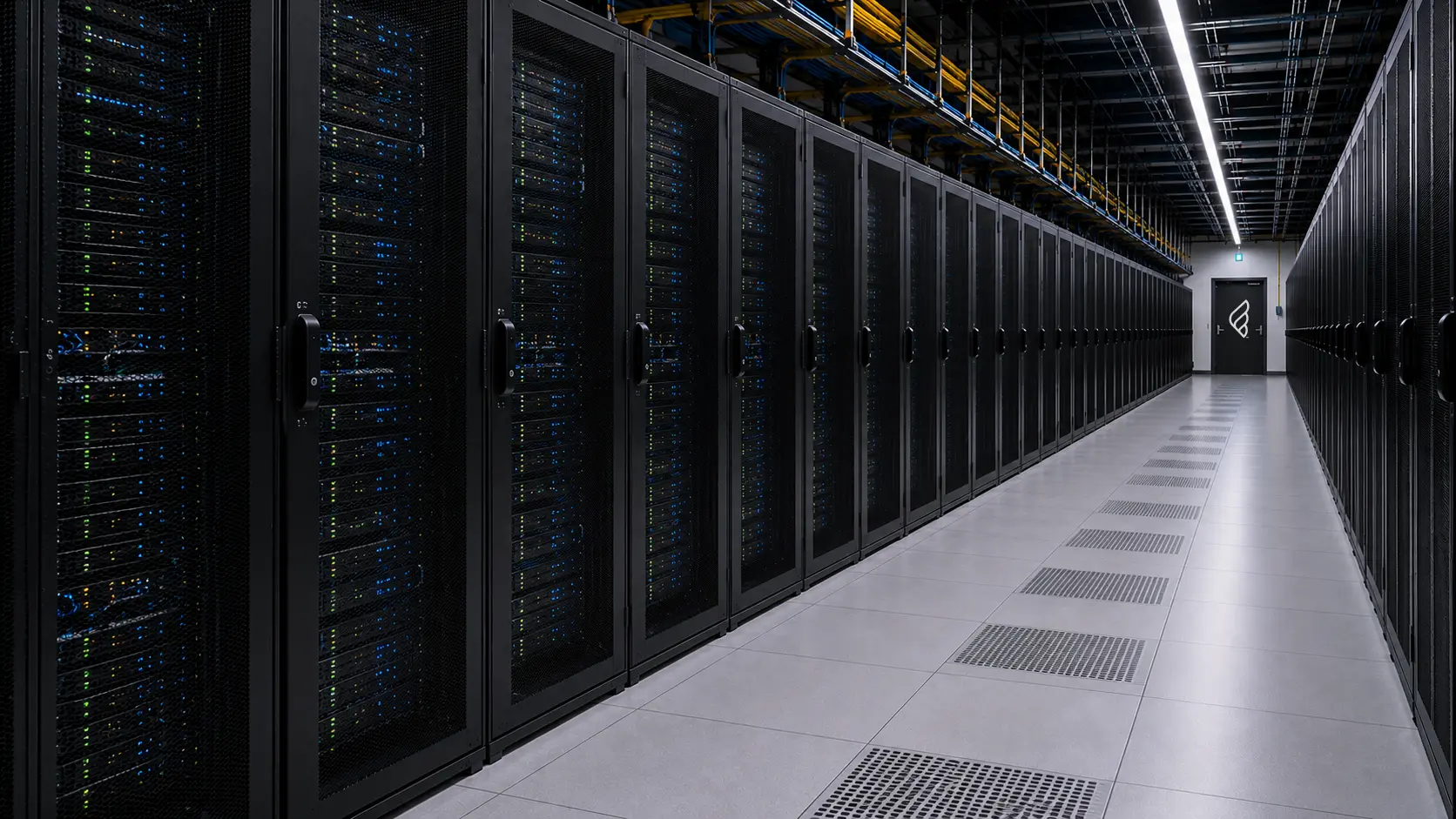 JPL data center server hall — long corridor of illuminated black server racks under blue cable trays