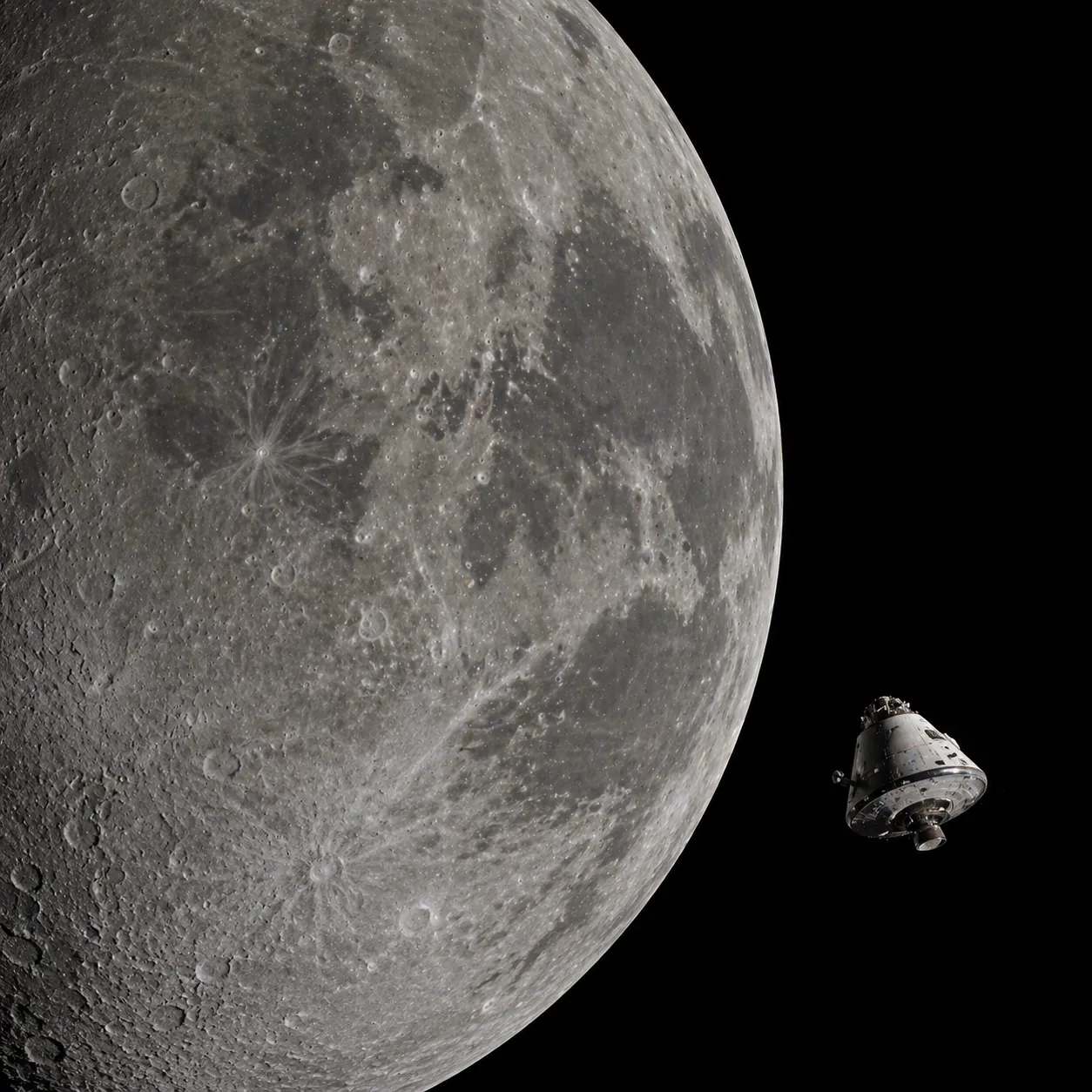 Apollo command module orbiting the Moon — the long-haul view