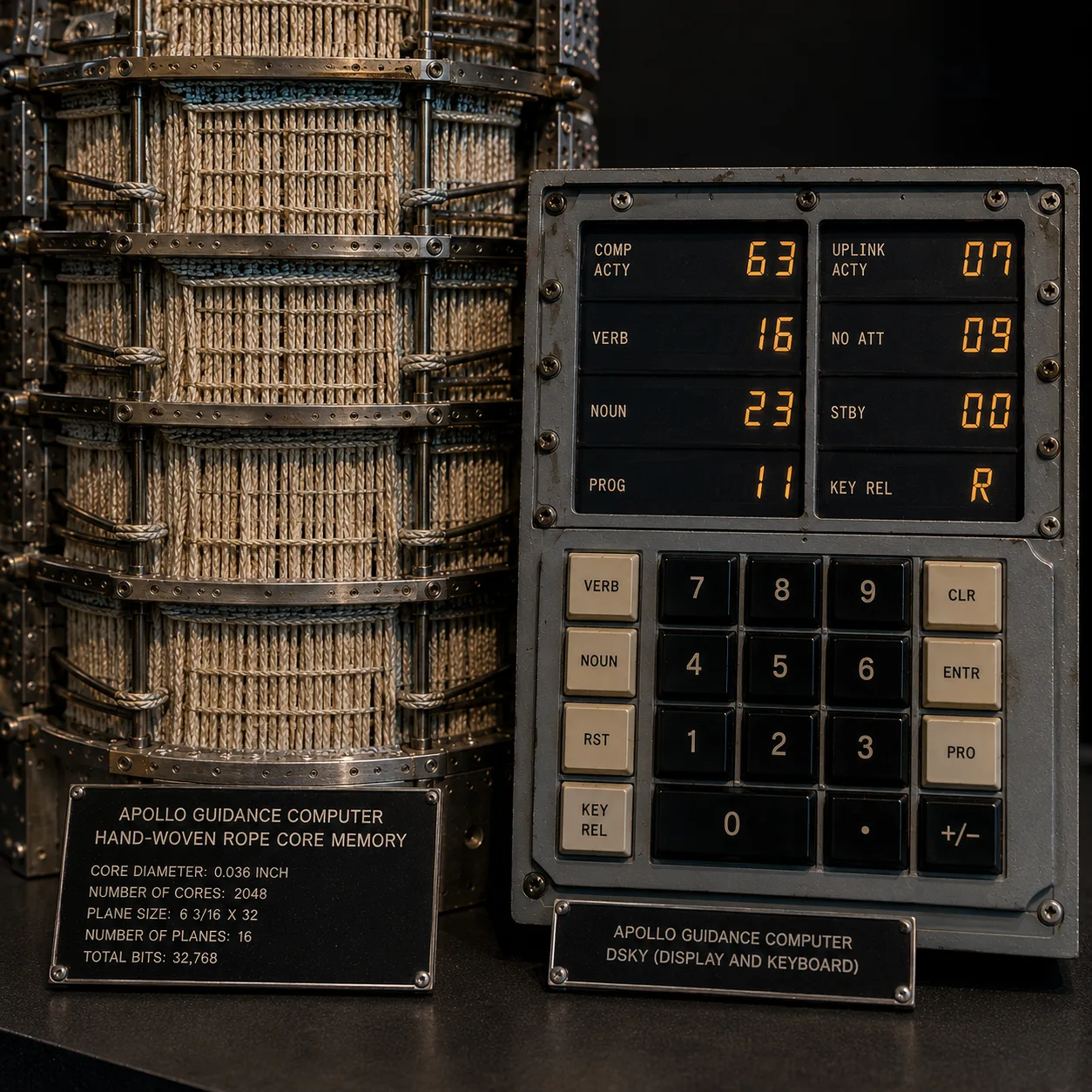 Apollo Guidance Computer hand-woven rope core memory next to a DSKY display and keyboard