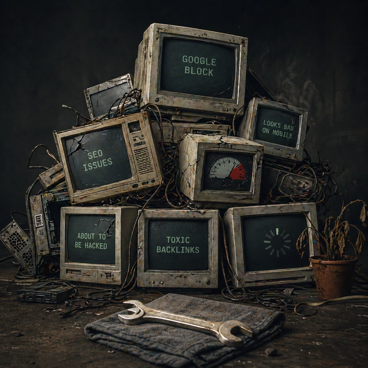 A pile of broken vintage CRT monitors displaying website failure modes — Google block, SEO issues, looks bad on mobile, about to be hacked, toxic backlinks