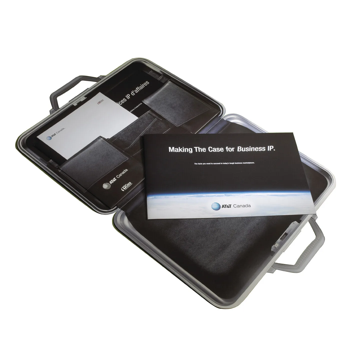 AT&T Canada / Cisco Powered Network — 'Making The Case for Business IP' executive briefcase mailer, opened to show brochure and letter