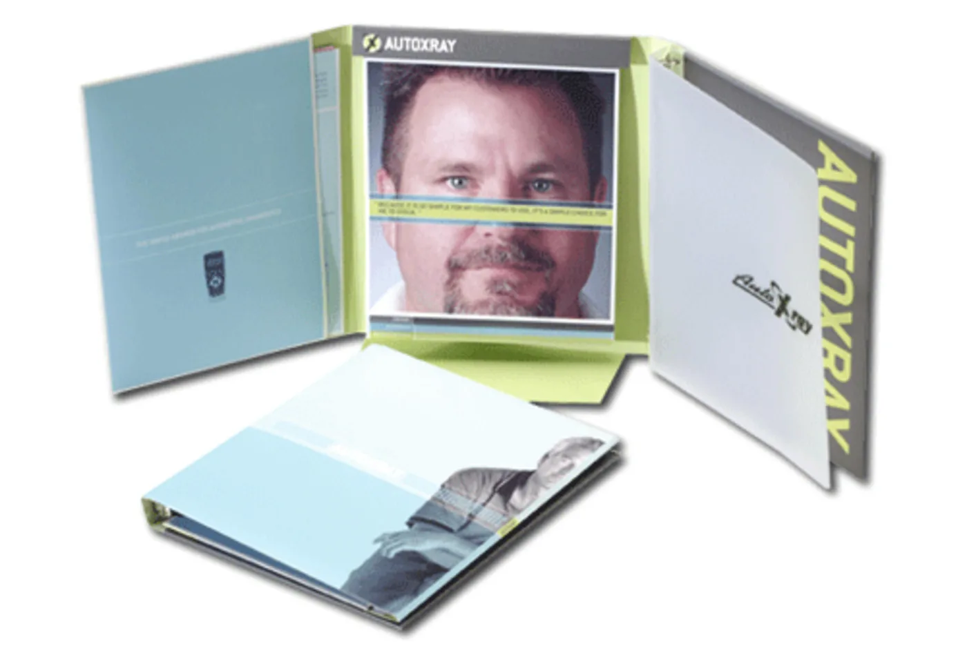 AutoXray brand book and packaging — interior spreads on green photo seamless