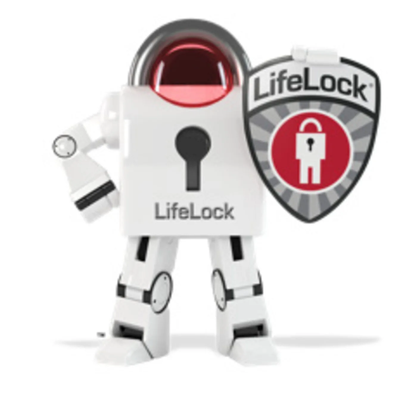 LifeLock mascot character — branded robot with locked-vault shield