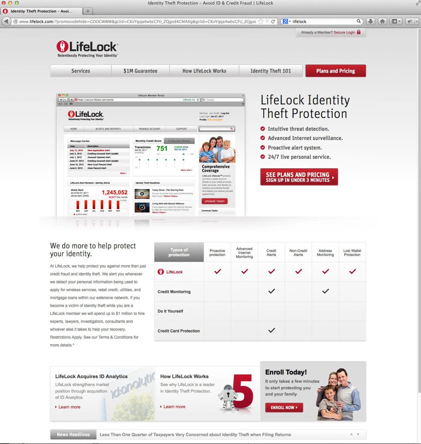 LifeLock website — Identity Theft Protection plans and pricing landing page