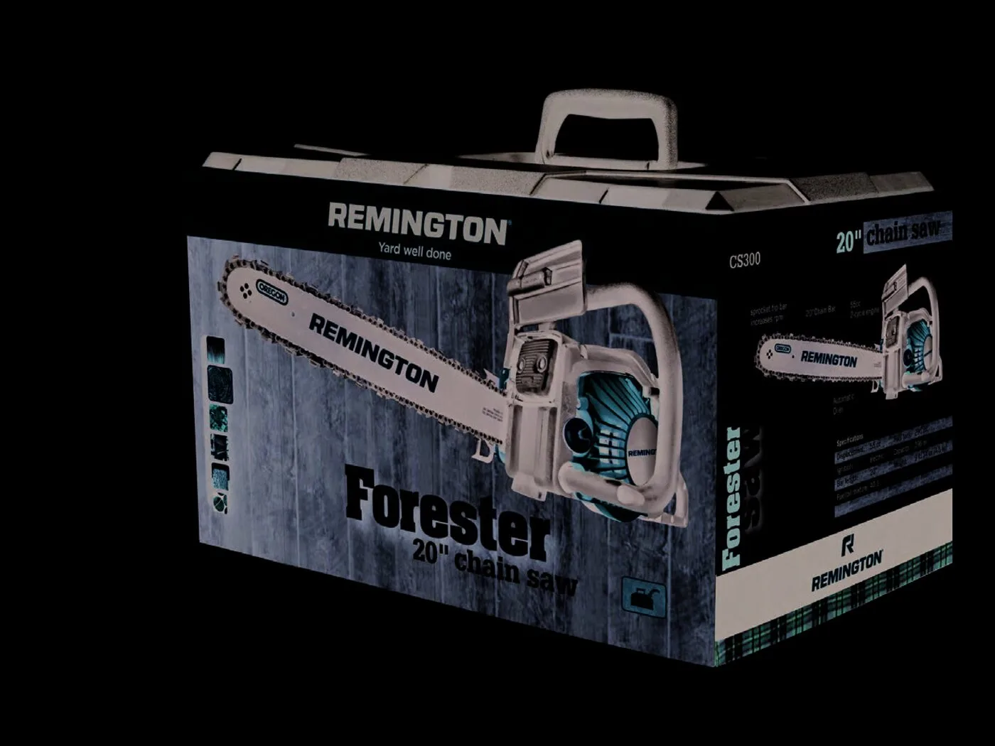 Remington BrushMaster curved-shaft trimmer retail packaging — production-ready carton with wood-grain trade dress