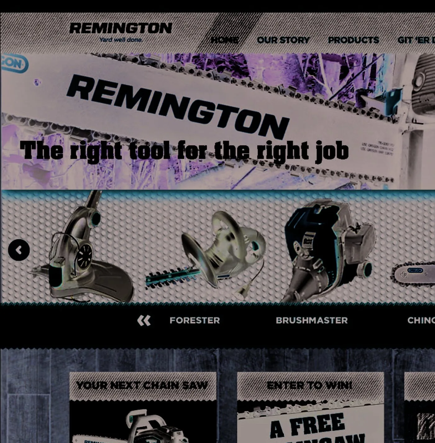 Remington 'Yard well done' website — homepage hero featuring 'The right tool for the right job' with chainsaw and trimmer line